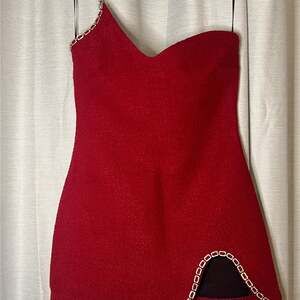 Zara Asymmetric Textured Mini Dress with Chain Trim